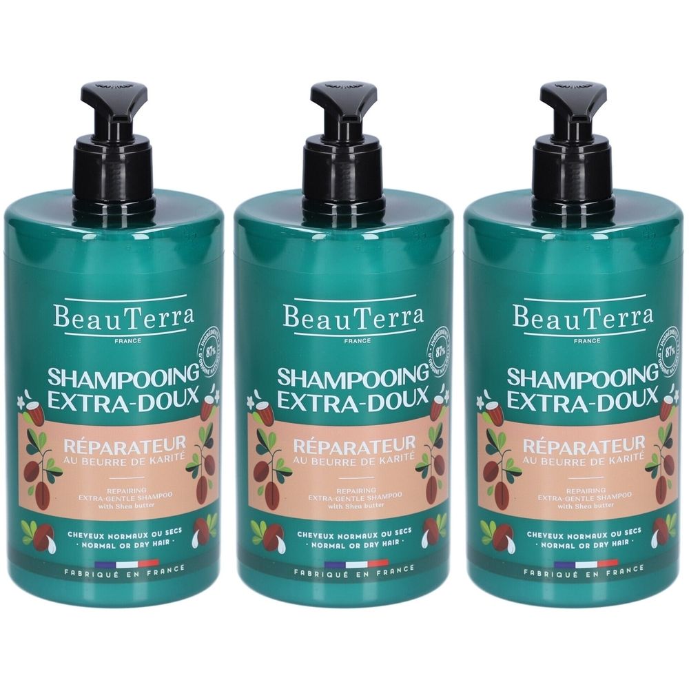 Trois flacons de shampooing verts avec pompe noire. Inscription : BeauTerra, Shampooing Extra-Doux, Réparateur.