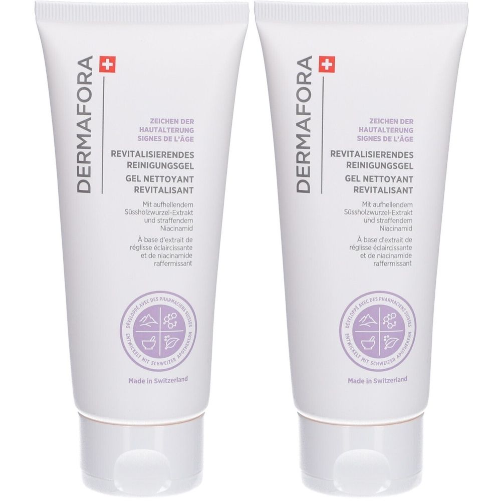 Deux tubes blancs avec impression de produit. Inscription : DERMAFORA, Gel nettoyant revitalisant. Avec croix suisse.