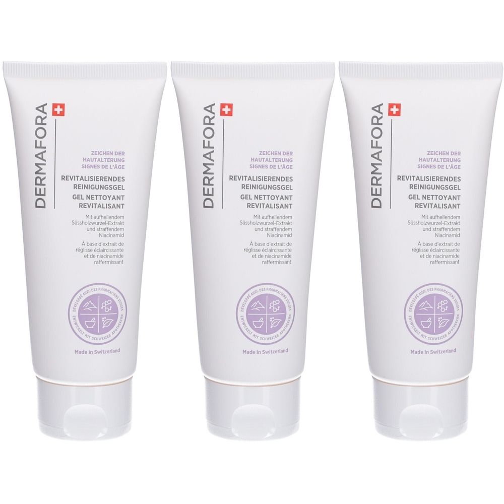 Trois tubes de gel nettoyant revitalisant DERMAFORA. Tubes blancs avec texte et logo. Croix suisse en haut.