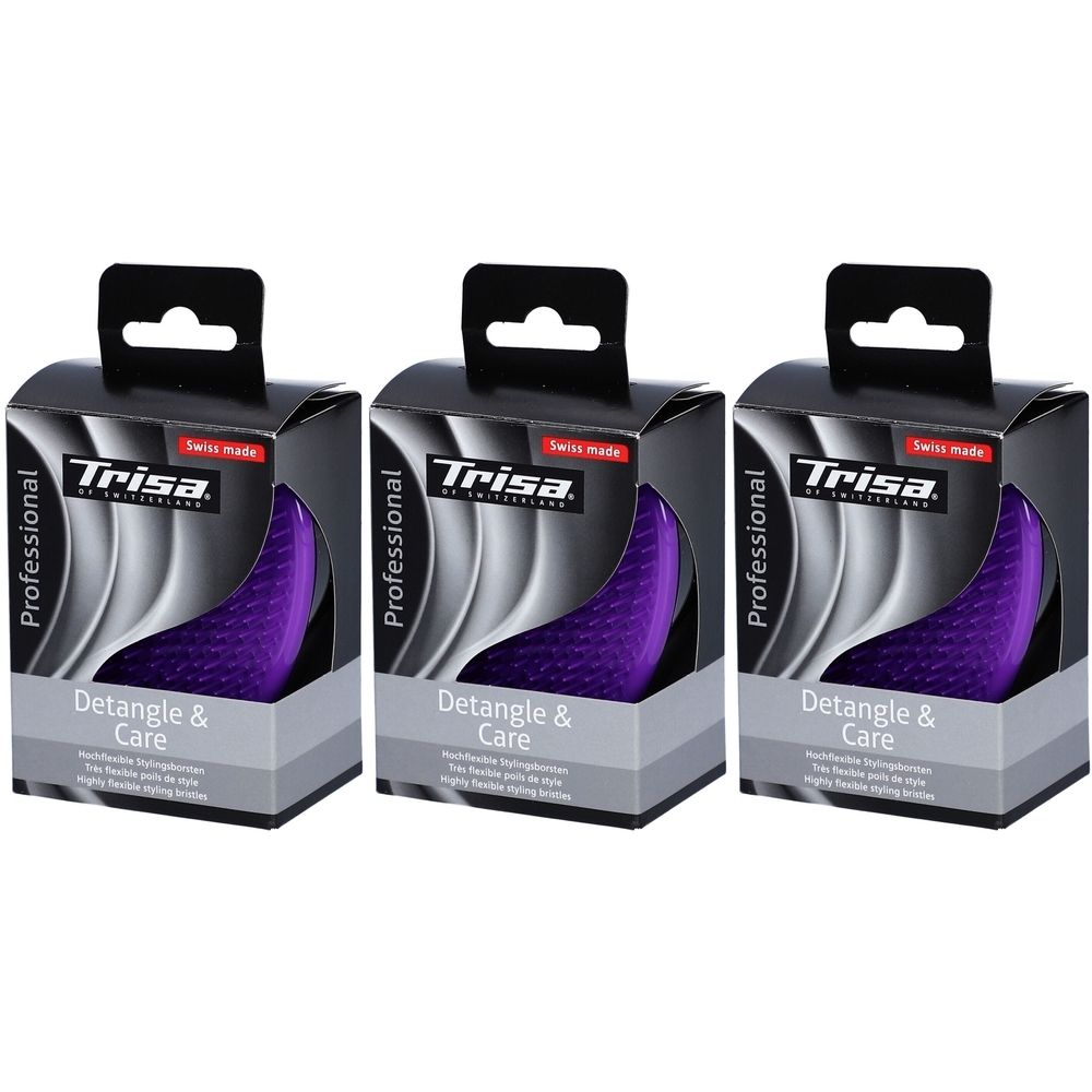 Trois brosses à cheveux dans des emballages. Boîtes noires avec brosses violettes. Inscription : Trisa, Detangle & Care.