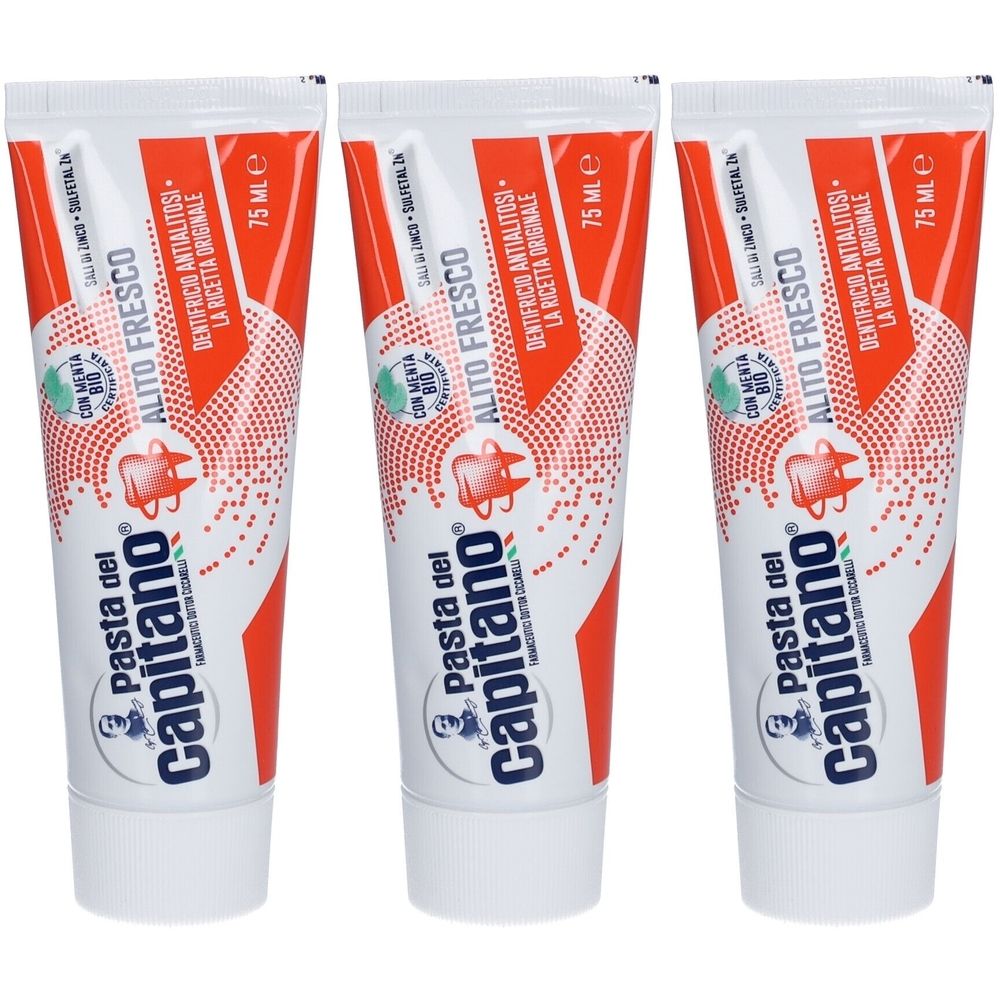 Trois tubes de dentifrice. Emballage blanc et rouge avec nom et logo du produit. Texte : ALITO FRESCO, 75 ml.