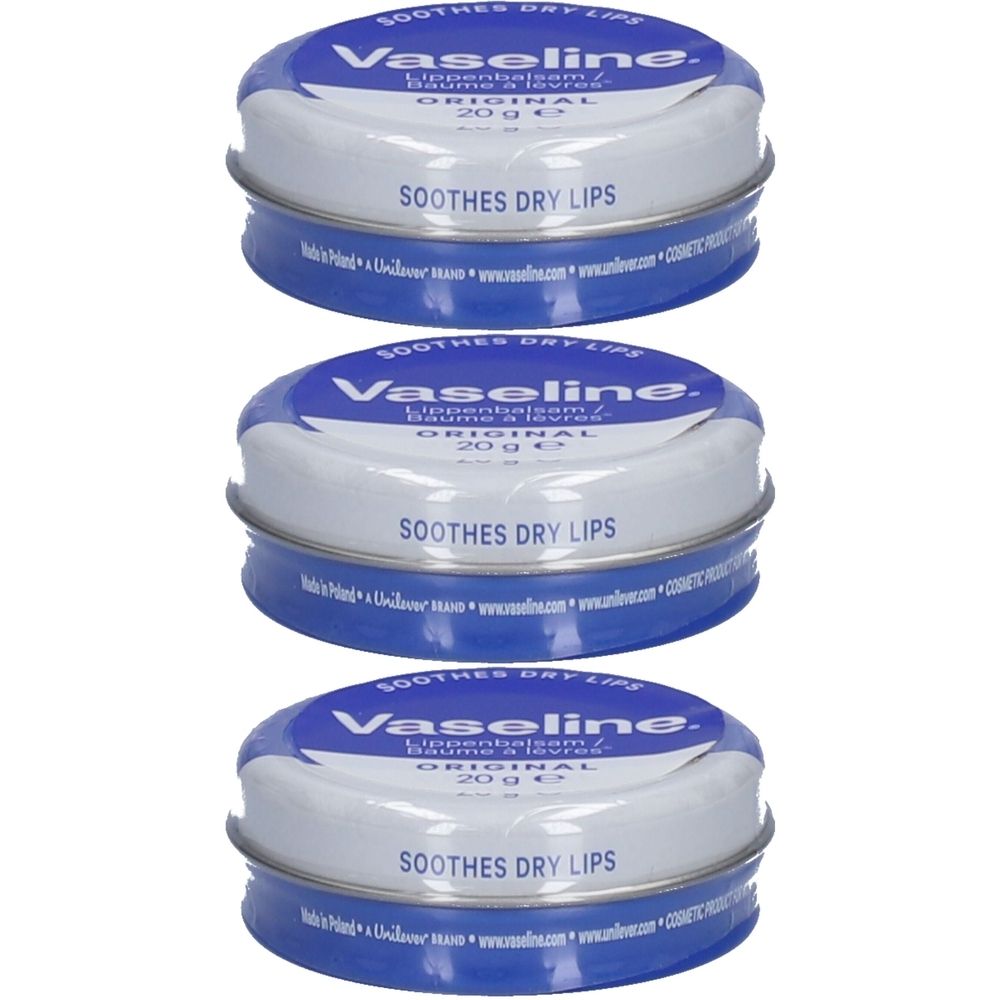 Trois boîtes rondes en métal, bord bleu, couvercle blanc. Inscription: Vaseline, Original, Baume à lèvres, 20g, Soothes Dry Lips.