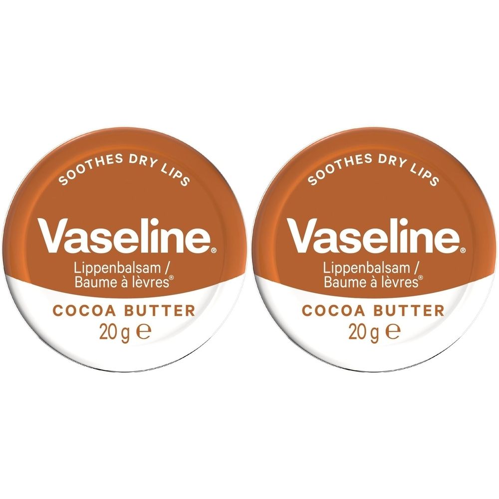 Deux pots ronds avec couvercles bruns. Inscription: Vaseline, Baume à lèvres, Cocoa Butter, 20 g e. Texte: Soothes dry lips.