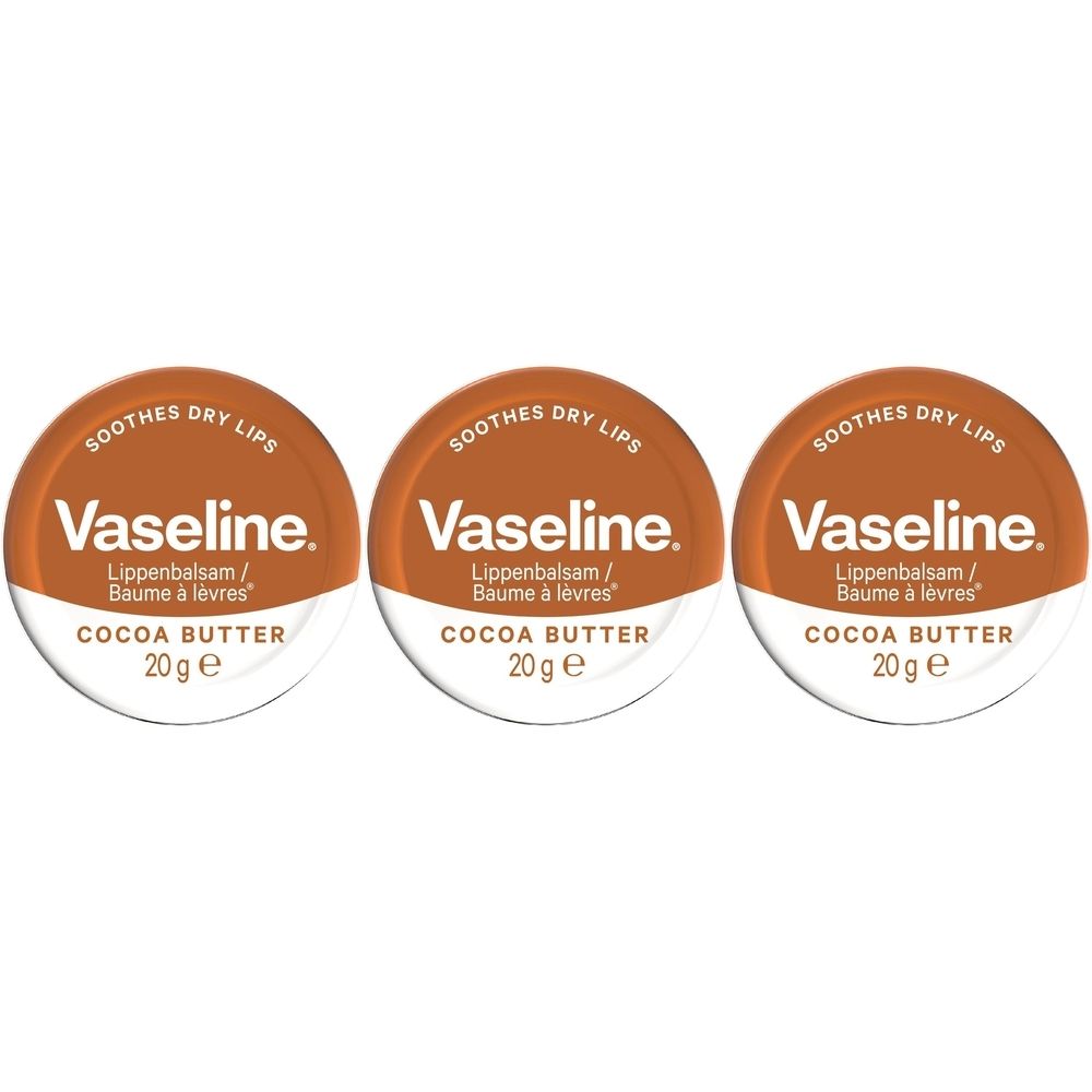 Trois petits pots ronds avec couvercle marron. Inscription: Vaseline, Baume à lèvres, Beurre de cacao, 20 g e. Texte: Soothes dry lips.