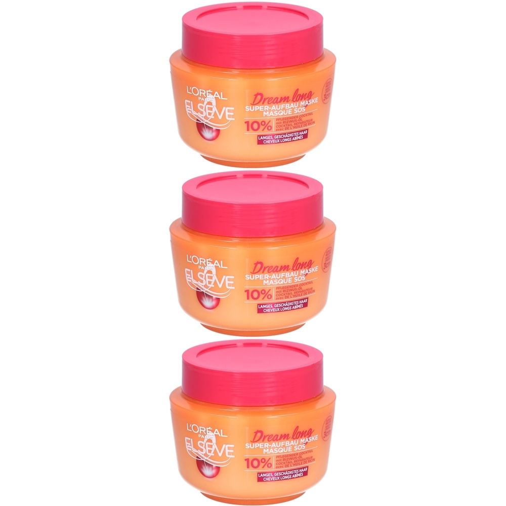 Trois pots de L'Oréal Paris Elseve Dream long SOS-Haarmaske. Pots oranges avec couvercles roses. Texte: Elseve, Dream long, 10%.