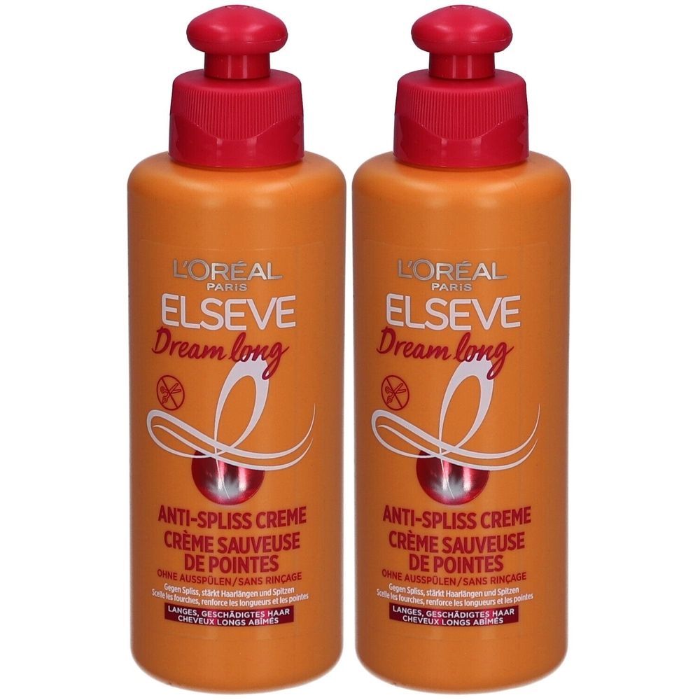 Deux flacons oranges avec pompes rouges. Inscription: L'Oréal Paris Elseve Dream long, Crème anti-pointes.