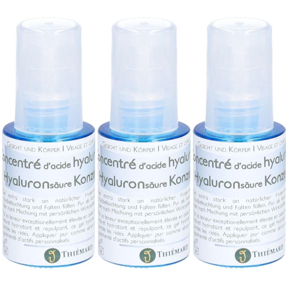 Trois flacons bleus et bouchons transparents. Inscription: Konzentré d'acide hyaluronique, Hyaluronsäure Konzentrat. Logo: Thiemard.