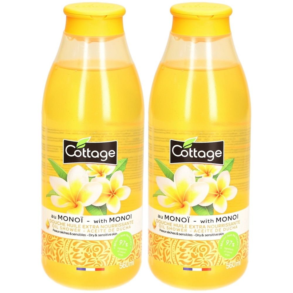 Deux flacons de douche au Monoï. Liquide jaune, bouchon jaune. Inscription: Cottage, avec motif floral. 97% d'ingrédients naturels.