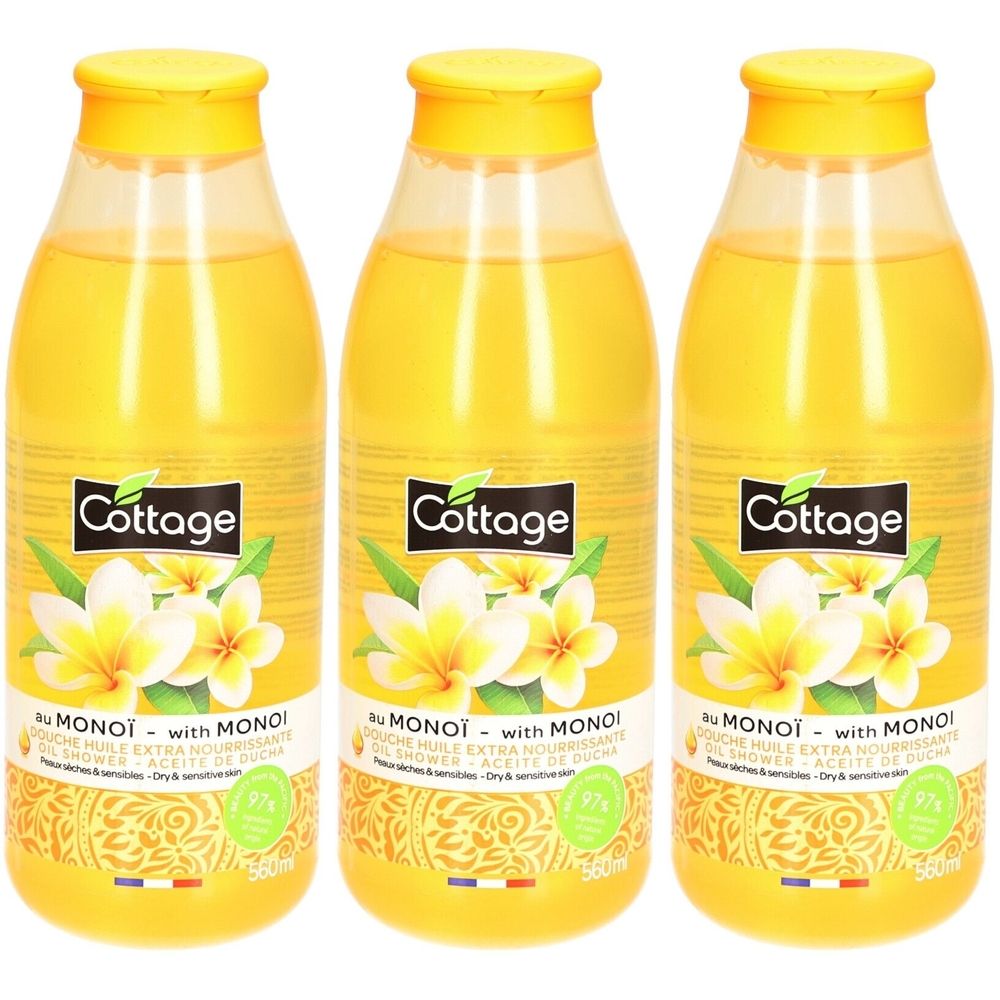 Trois flacons de douche à l'huile, contenu jaune, bouchon jaune. Étiquettes avec "Cottage" et "Monoï".