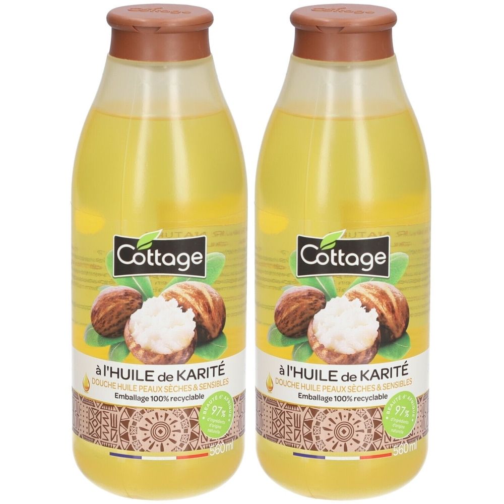 Deux flacons d'huile de douche. Inscription : Cottage, à l'huile de Karité. Emballage 100% recyclable. 97%.