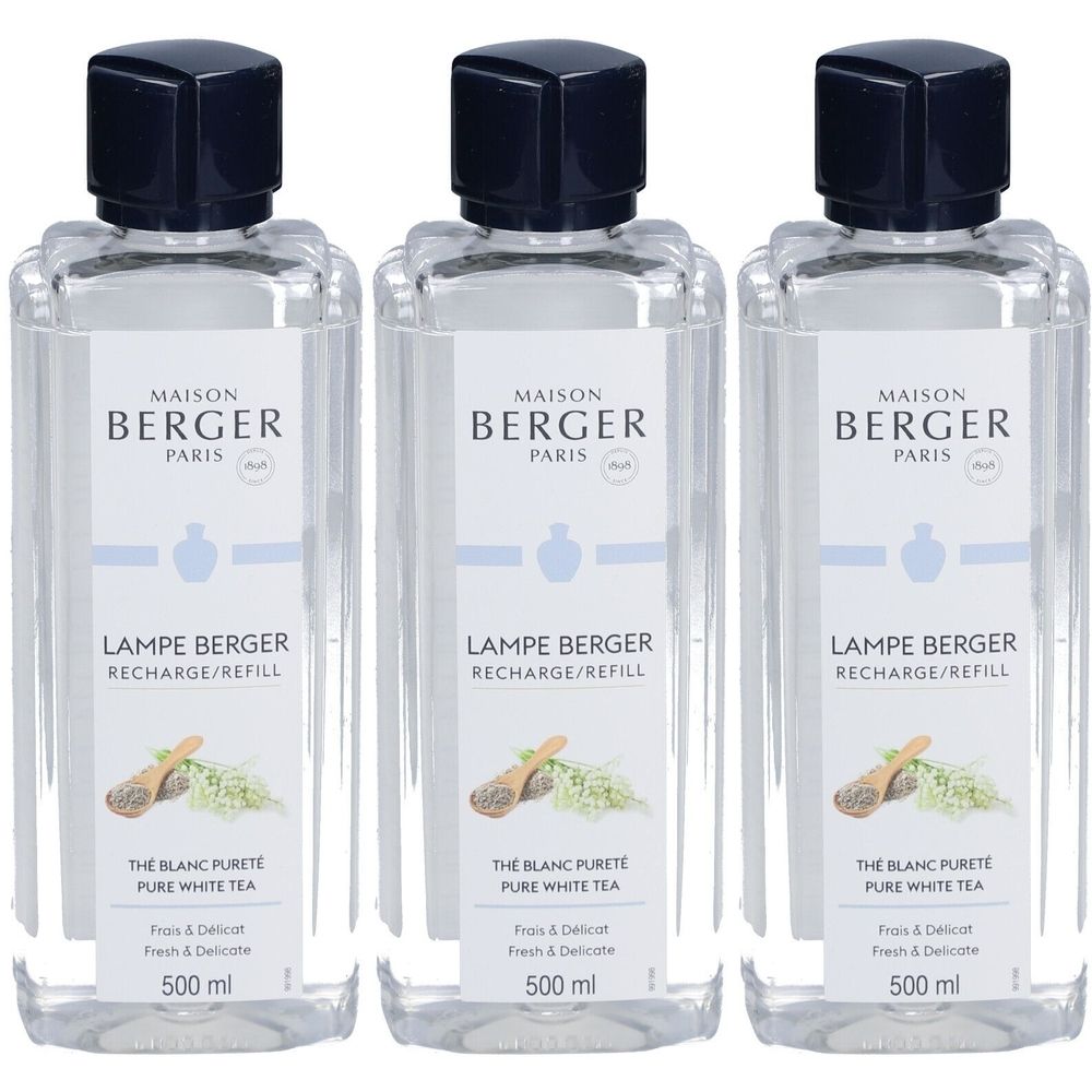Drei Flaschen Nachfüllflüssigkeit. Klare Flaschen mit schwarzem Deckel und Etikett mit Produktinformationen. Aufschrift: Maison Berger Paris.
