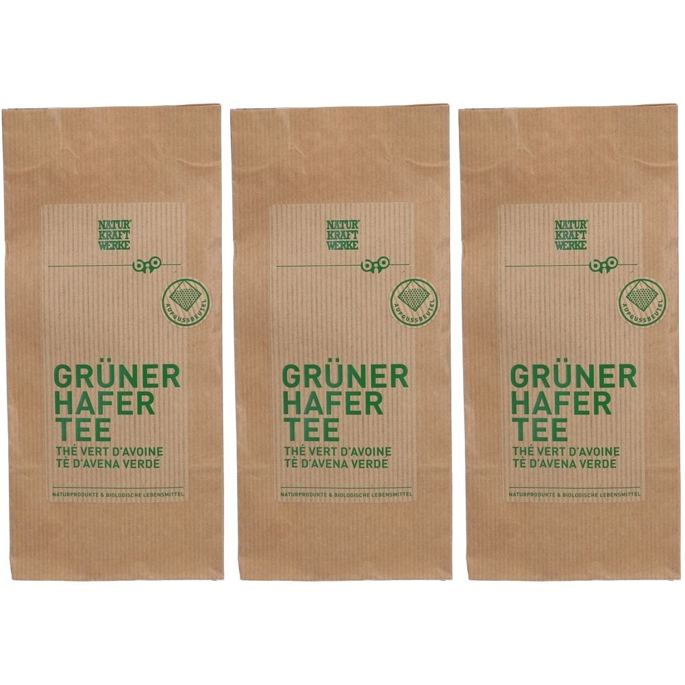 Trois sachets de thé vert d'avoine. Emballage en papier brun avec texte vert. Logo en haut à gauche, label bio à droite.