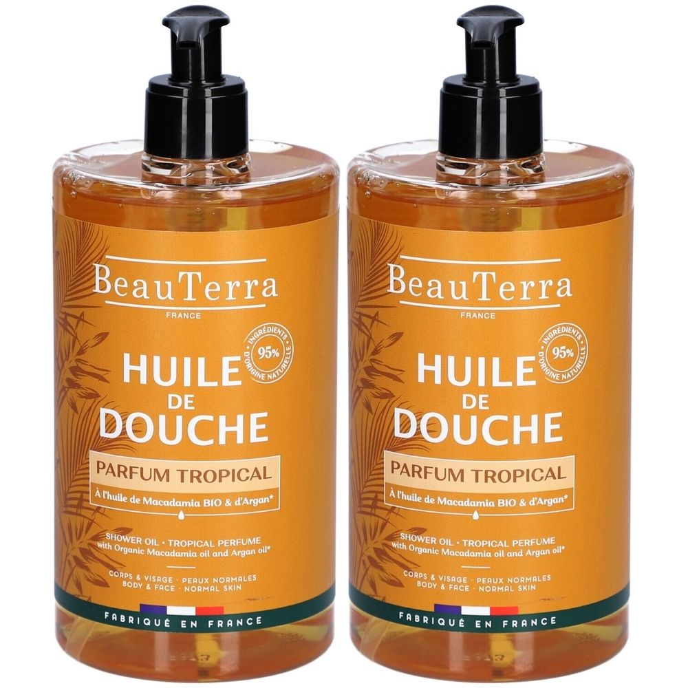 Deux flacons d'huile de douche avec bouchon pompe noir. Inscription : BeauTerra, HUILE DE DOUCHE, PARFUM TROPICAL. Fabriqué en France.