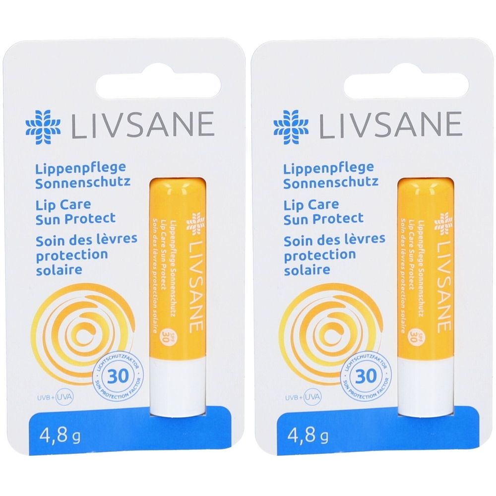 Zwei Lippenpflegestifte in Blisterverpackung. Gelbe Stifte mit weißem Boden. Aufschrift: LIVSANE, Sonnenschutz, Lichtschutzfaktor 30.