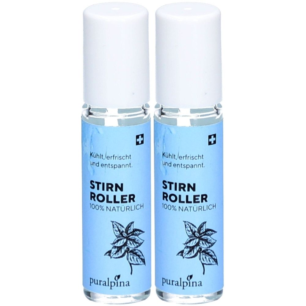 Deux flacons roll-on avec bouchons blancs. Étiquettes bleues avec texte: STIRN ROLLER, 100% NATÜRLICH. Croix suisse.