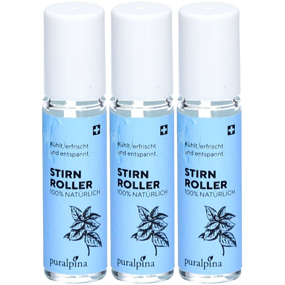 Trois flacons roll-on avec bouchons blancs. Inscription: Stirn Roller, 100% naturel. Marque: Puralpina.