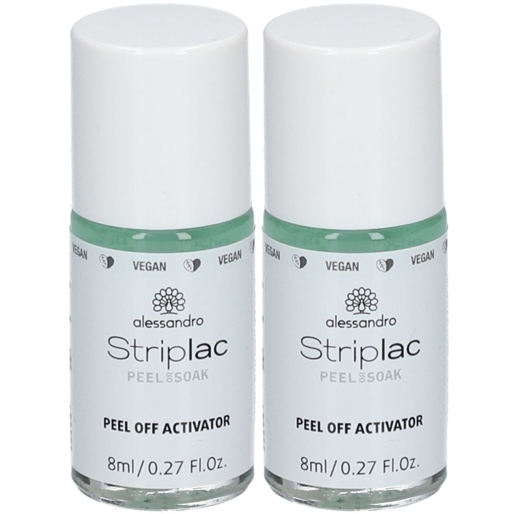 Zwei Flaschen Alessandro Striplac Peel Off Aktivator. Weiße Kappe, grüne Flüssigkeit, Produktname und Volumenangabe.