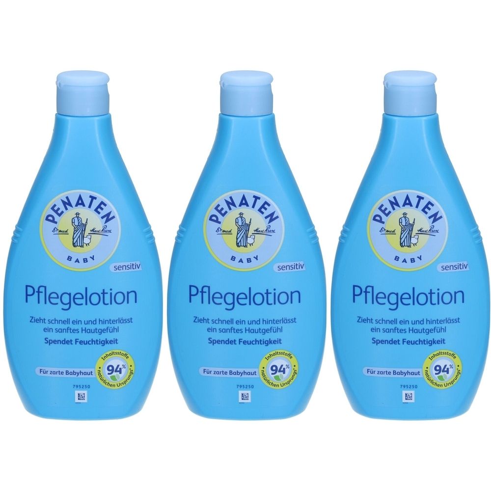Drei blaue Flaschen Penaten Pflegelotion. Auf jeder Flasche steht "Penaten Baby" und "Pflegelotion".