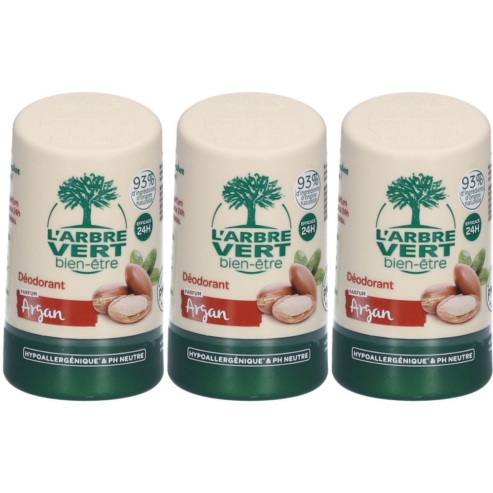 Drei Deodorant-Sticks. Aufschrift: L'ARBRE VERT bien-être, Argan. Grün-weiße Verpackung, grüne Schrift. Mit 93% Inhaltsstoffen natürlichen Ursprungs.