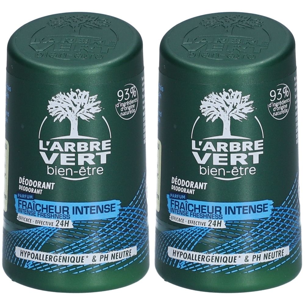 Zwei grüne Deodorant-Behälter mit weißem Logo und Text. Aufschrift: L'Arbre Vert, Fraîcheur Intense, 93% natürliche Inhaltsstoffe.