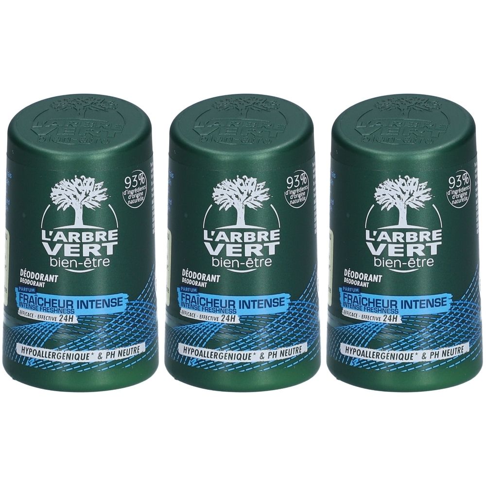 Drei grüne Deodorant-Sticks mit weißer Schrift. Aufschrift: L'Arbre Vert, bien-être, Fraîcheur Intense, 24H, hypoallergénique & pH neutre.