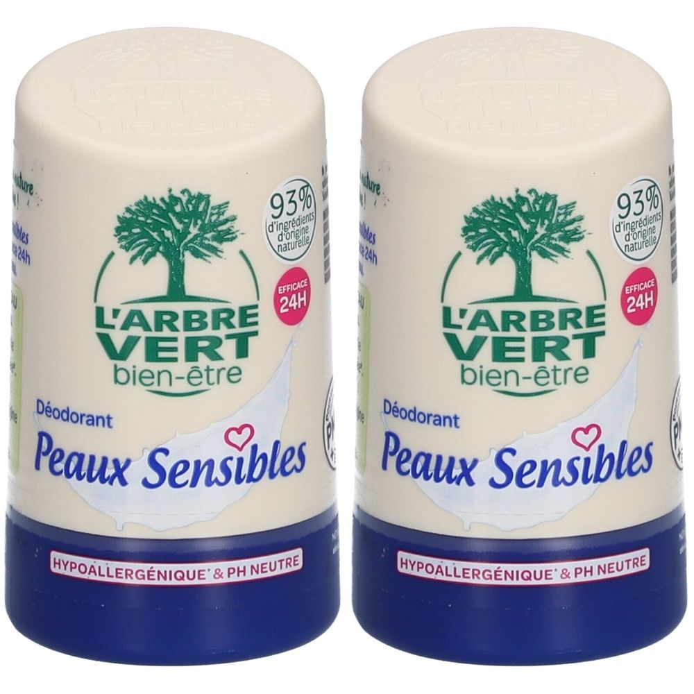 Deux déodorants roll-on. Inscription: L'ARBRE VERT, bien-être, Peaux Sensibles. 93% ingrédients d'origine naturelle. Efficacité 24H. Hypoallergénique, pH neutre.
