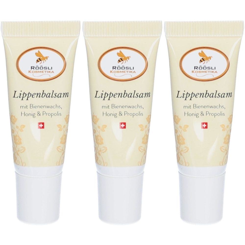 Trois tubes de baume à lèvres. Chaque tube porte la mention "RÖÖSLI Kosmetika" et "Lippenbalsam mit Bienenwachs, Honig & Propolis". Croix suisse.