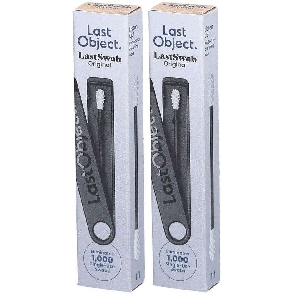 Zwei Verpackungen mit wiederverwendbaren Wattestäbchen. Aufschrift: LastObject, LastSwab Original. Eliminiert 1.000 Einweg-Wattestäbchen.