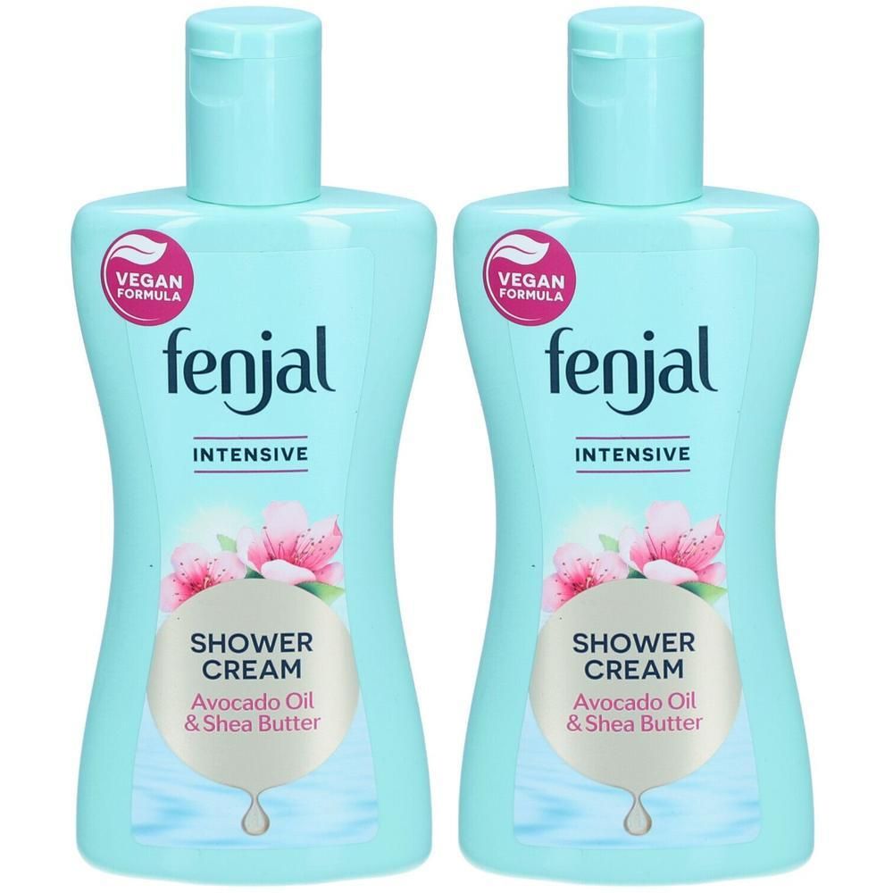 Deux flacons de crème de douche FENJAL Intensive. Flacons bleu clair avec étiquette blanche. Logo végan. Inscription: SHOWER CREAM.