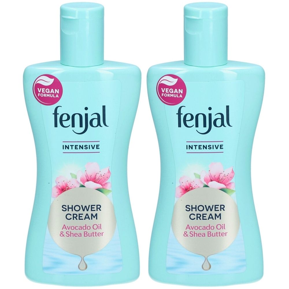 Zwei hellblaue Flaschen mit dem Aufdruck "fenjal INTENSIVE SHOWER CREAM". Enthält Avocadoöl und Sheabutter. Vegan.