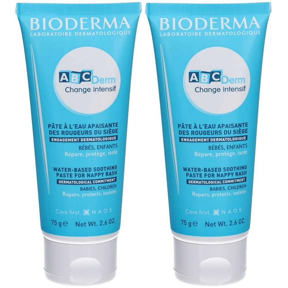 Zwei Tuben Bioderma ABCDerm Change Intensif. Blaue Tuben mit weißer Schrift. Text: Pâte à l'eau apaisante, 75 g.