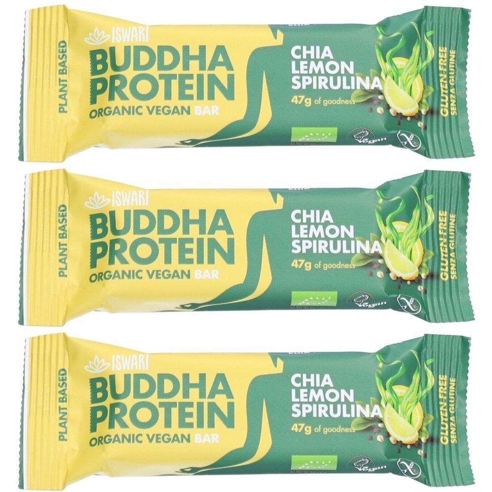Trois barres protéinées. Emballage jaune et vert avec texte Buddha Protein, Chia, Citron, Spiruline et Sans Gluten.