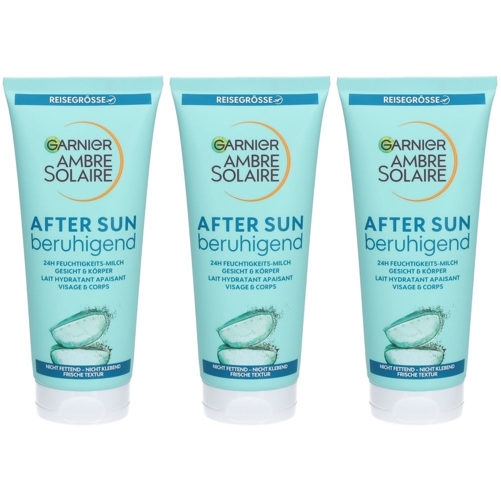 Drei Tuben Garnier Ambre Solaire After Sun beruhigende Feuchtigkeits-Milch. Türkis-farbene Tuben mit weißer Schrift und Produktabbildung.