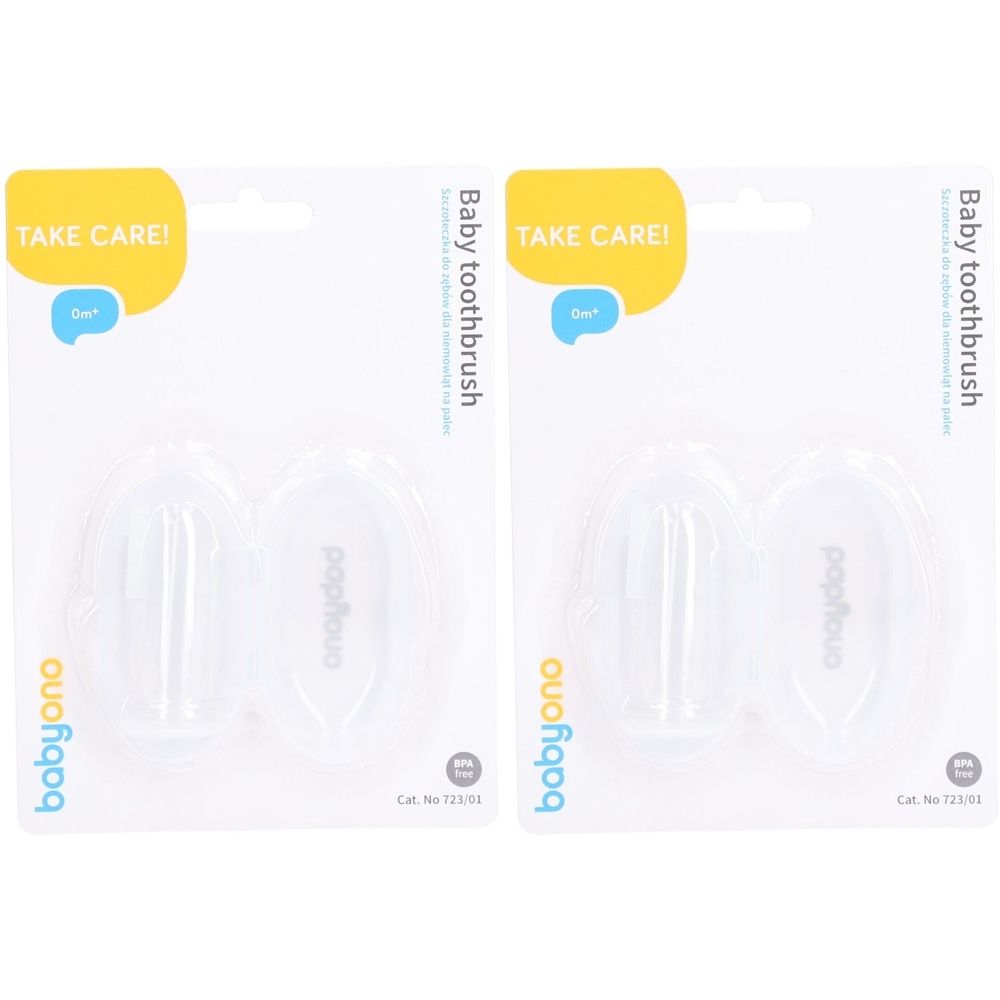 Deux brosses à dents Babyono dans leur emballage. Inscription: Baby toothbrush, TAKE CARE!, sans BPA.