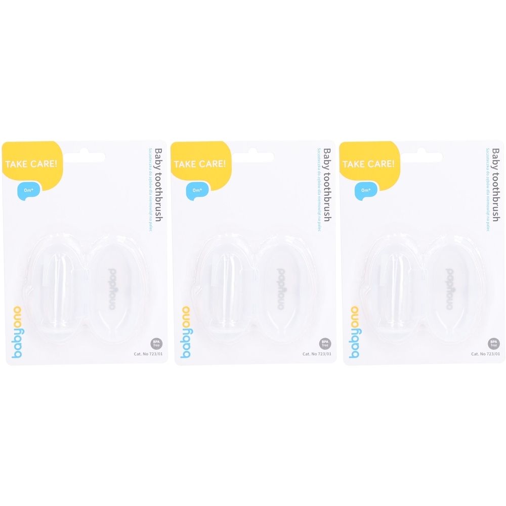 Trois brosses à dents Babyono Erste Zähne sur blister. Brosses en silicone transparentes avec étiquette jaune Take Care.