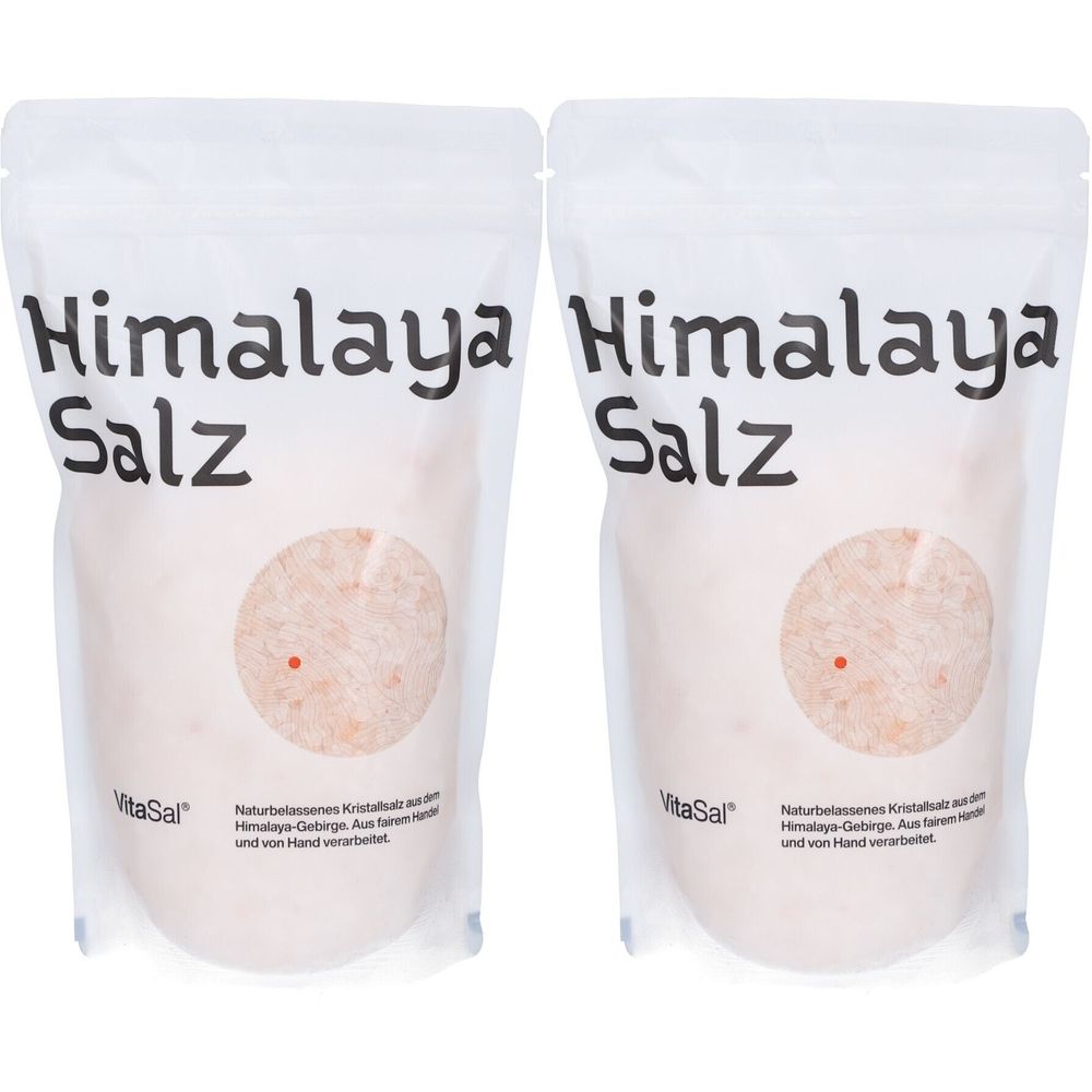 Deux sachets de sel de l'Himalaya. Emballage blanc avec nom et logo du produit. Représentation ronde du sel.