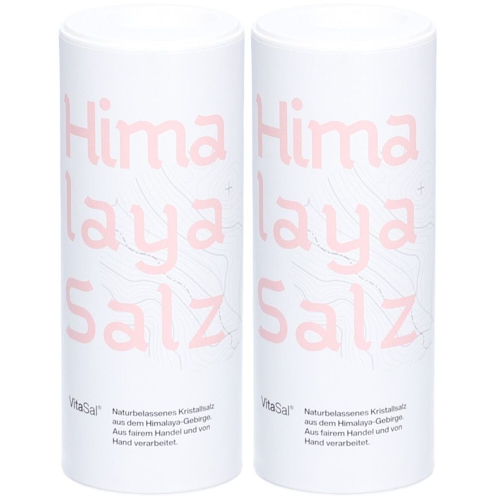 Deux contenants cylindriques blancs avec l'inscription rose Himalaya Salz. La marque VitaSal® est visible.