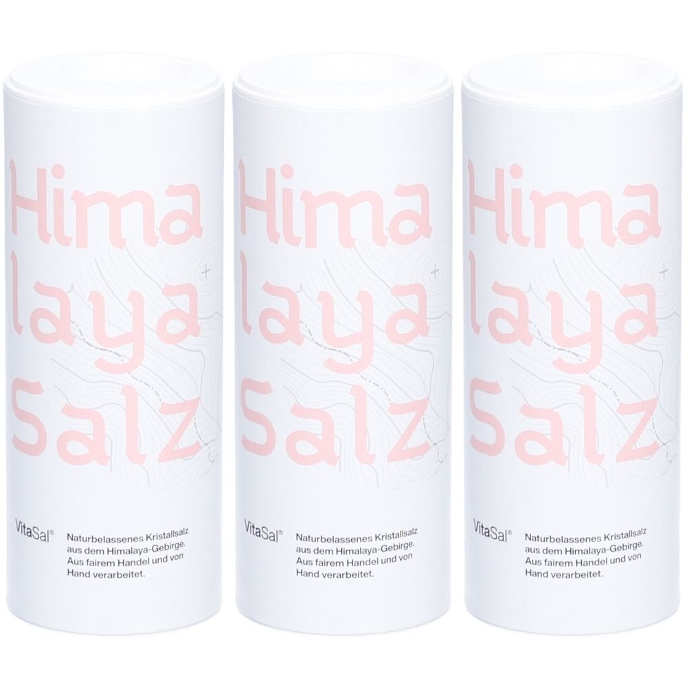 Trois boîtes cylindriques blanches avec l'inscription rose "Himalaya Salz". Texte et logo "VitaSal" en dessous.