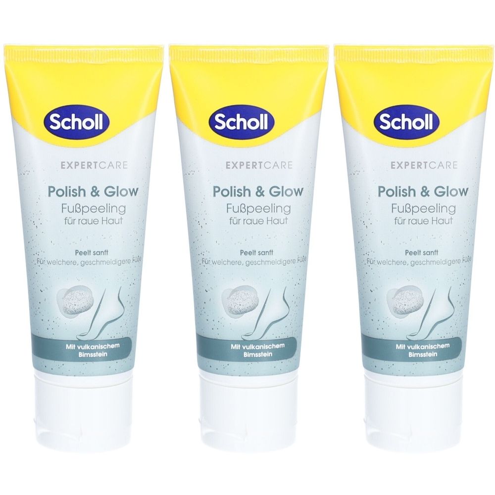 Drei Tuben Fußpeeling mit gelbem Deckel. Aufschrift: Scholl, Polish & Glow, für raue Haut. Mit Bimsstein.
