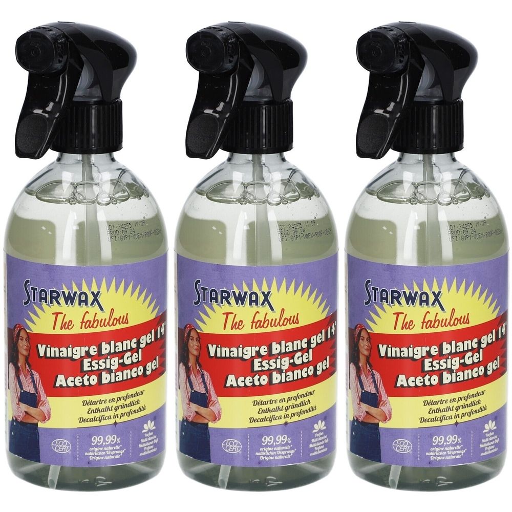 Drei Sprühflaschen mit weißem Essiggel. Auf den Etiketten steht STARWAX, sowie Produktbezeichnungen in mehreren Sprachen.