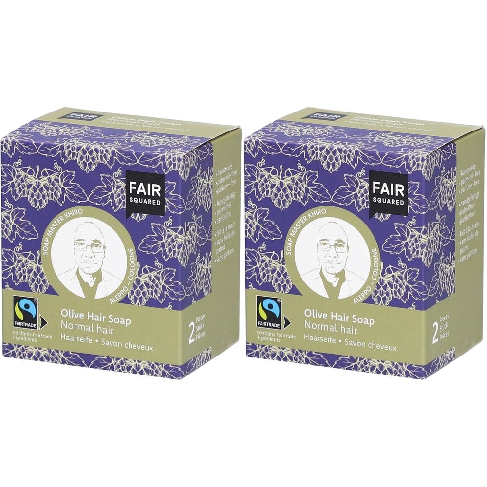 Deux boîtes carrées. Impression: FAIR SQUARED, Savon pour cheveux à l'olive, cheveux normaux. Avec label Fairtrade et image d'une personne.