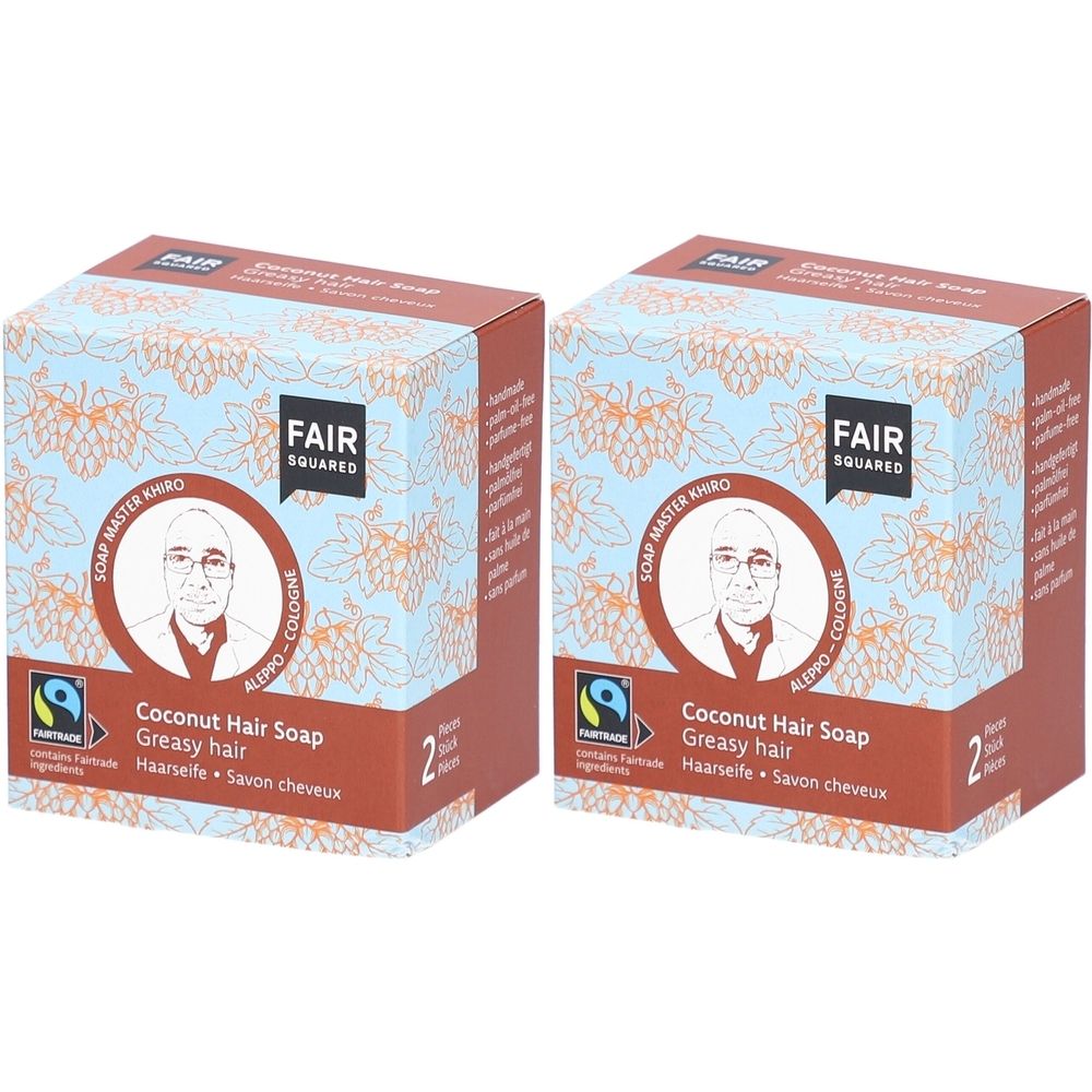Deux boîtes carrées avec le logo FAIR SQUARED et des informations sur le produit. Inscription : Coconut Hair Soap, pour cheveux gras.