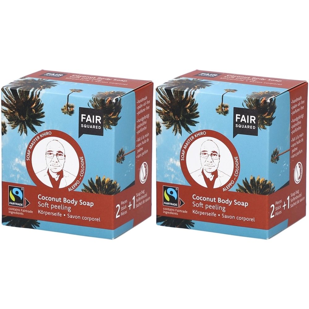 Zwei quadratische Kartons mit FAIR SQUARED Logo. Aufschrift: Coconut Body Soap, Soft peeling. Mit Fairtrade-Siegel.