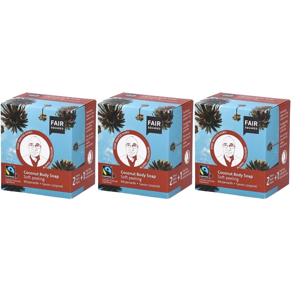 Drei quadratische Kartons mit FAIR SQUARED Logo und Produktinformationen. Aufschrift: Coconut Body Soap, Soft peeling.