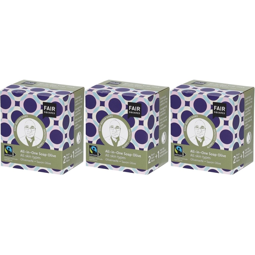 Trois boîtes carrées avec le logo FAIR SQUARED et des informations sur le produit. Inscription : All-in-One Soap Olive, 2+1.