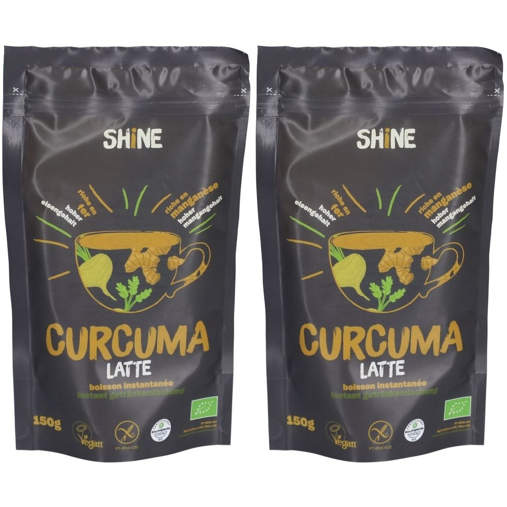 Deux sachets de "SHINE CURCUMA LATTE". Inscriptions: label bio, 150g, vegan, sans gluten.