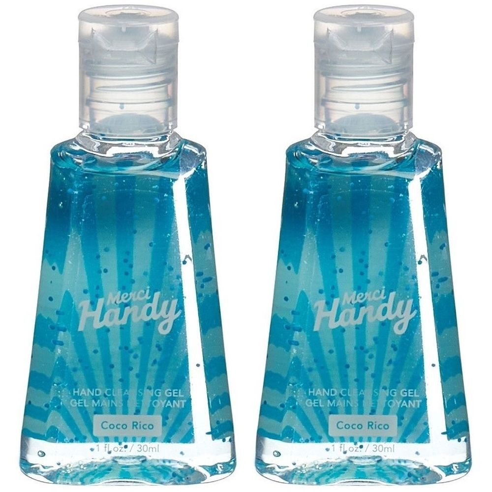 Deux flacons de gel nettoyant pour les mains. Inscription : Merci Handy, Coco Rico. Flacons transparents avec bouchon rabattable. Contenu bleu.