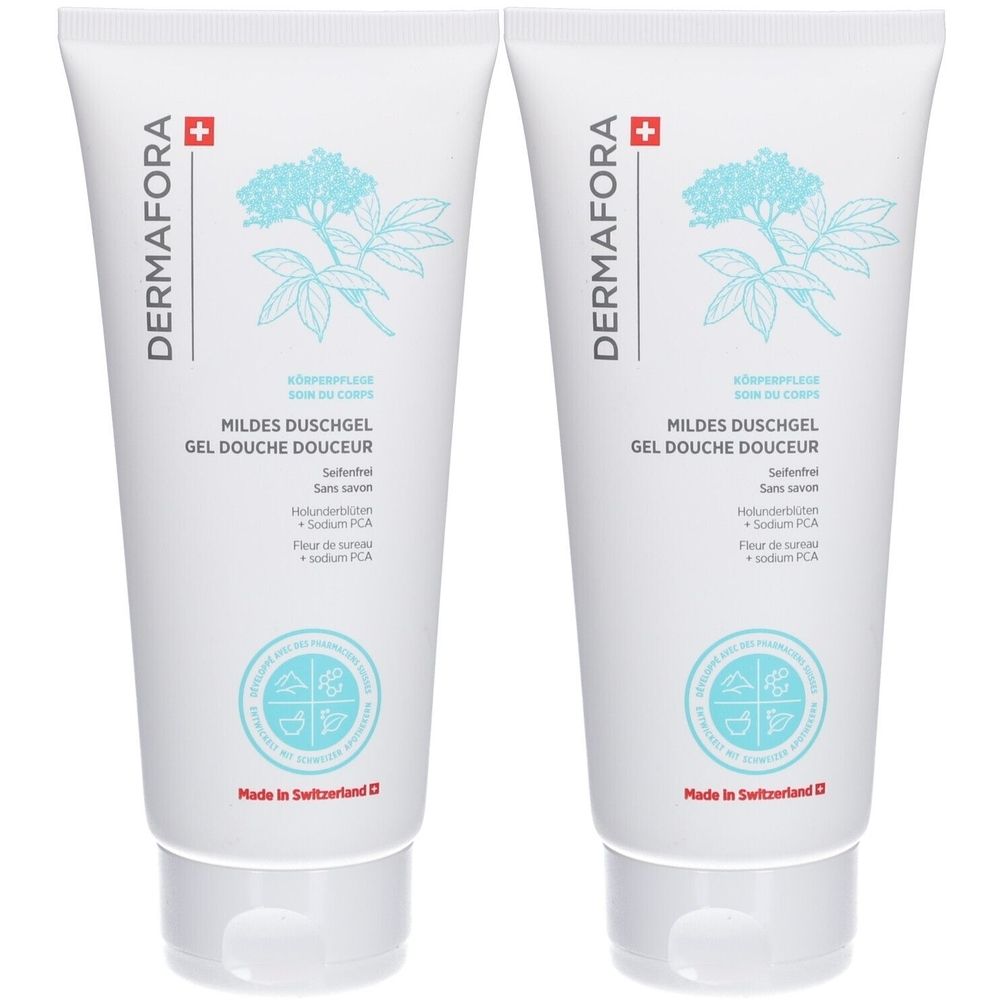 Deux tubes blancs de gel douche avec illustration bleue et texte. Inscription: DERMAFORA, Mildes Duschgel, Gel Douche Douceur. Fabriqué en Suisse.