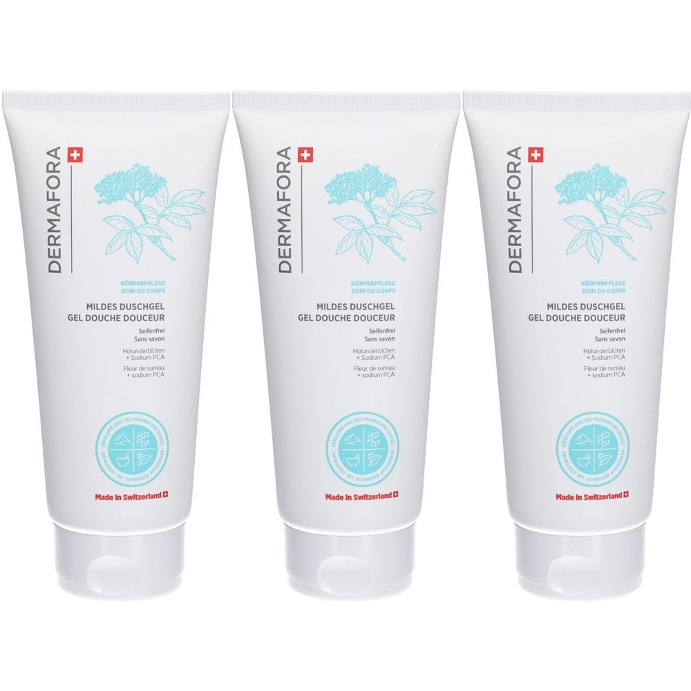 Trois tubes de gel douche blancs avec graphiques bleus et texte. Marque: DERMAFORA. Inscription: Mildes Duschgel, Gel Douche Douceur. Fabriqué en Suisse.