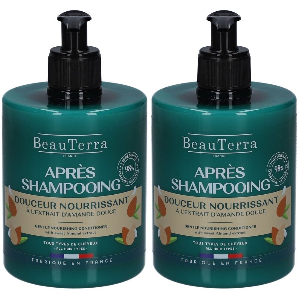 Zwei grüne Flaschen mit schwarzem Pumpkopf. Aufschrift: BeauTerra, Après Shampooing, Douceur Nourrissant.